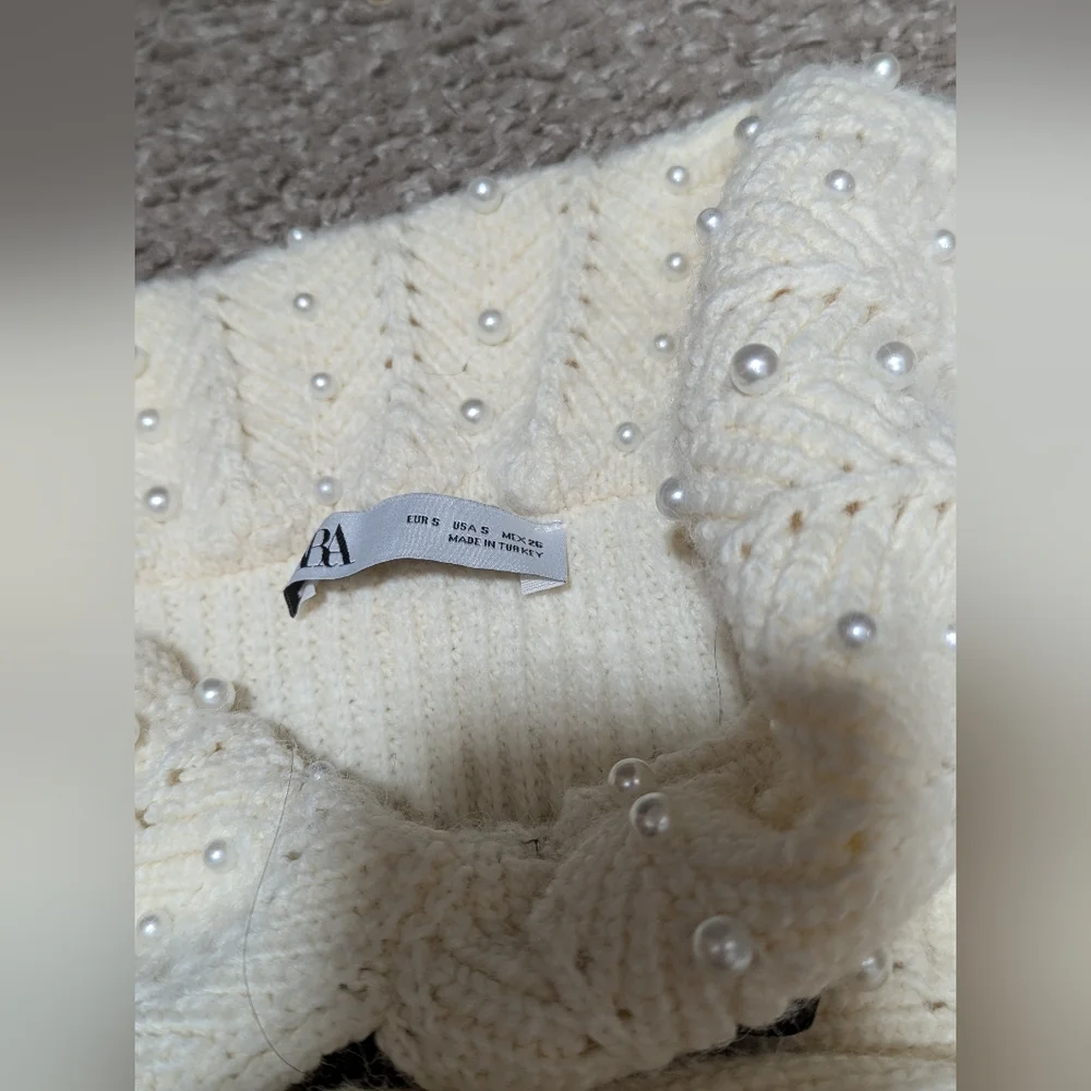 Zara Faux Pearl Sweater Big Collar Velvet Bow Top Cream Small - Picture 7 of 9